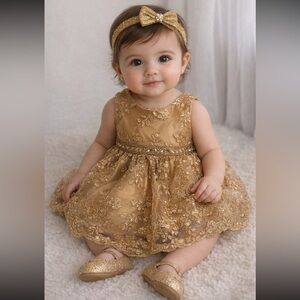🐣Gold Embroidered Baby Dress